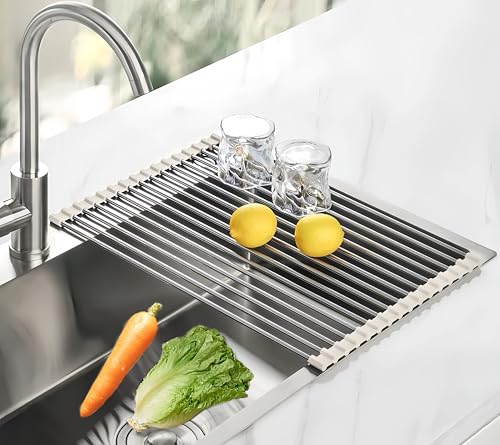 Sayehuanye Roll Up Dish Drying Rack 17.7" x 11.8" Over The Sink Dish Drying Rack, Kitchen Dish Rack Stainless Steel Dish Drying Rack for Kitchen Sink Counter Storage (Grey)