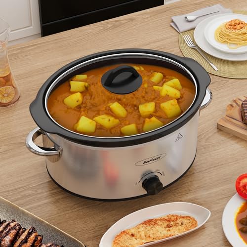 Sunvivi 4QT Slow Cooker & Mini Food Warmer with 3 Heating Settings, Removable Ceramic Pot, Dishwasher Safe Glass Lid, Stainless Steel