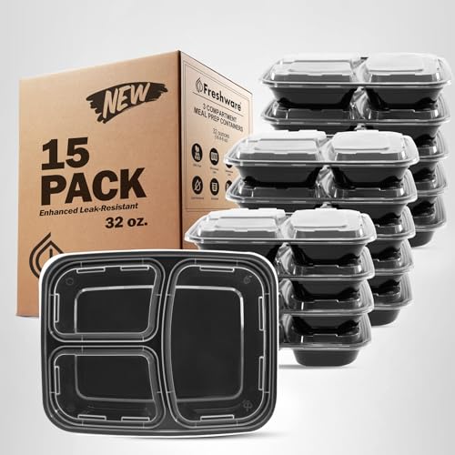 Freshware Meal Prep Containers [15 Pack] 3 Compartment with Lids, Food Containers, Lunch Box, BPA Free, Stackable, Bento Box, Microwave/Dishwasher/Freezer Safe (32 oz)