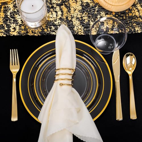 WELLIFE 600pc Gold Trim Plastic Dinnerware Set for Party: 100 Dinner Plates, 100 Dessert Plates, 300 Cutlery, 100 cups