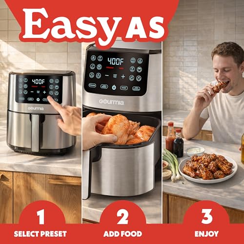 Gourmia 4-Qt Digital Air Fryer with Guided Cooking, Easy Clean, Stainless Steel