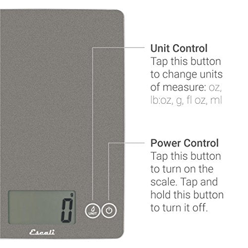 Escali Arti Glass Food Scale Digital Countertop Kitchen, Baking and Cooking Scale with Nutrition and Calorie Counter, 15-Pound Capacity, 9" x 6.5" x .75", Gray Storm