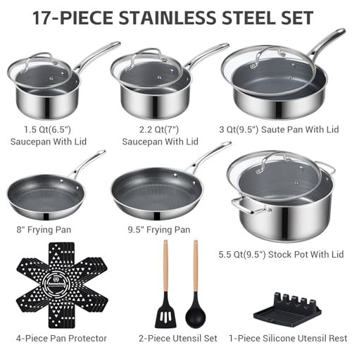 Ammeloo Hybrid Stainless Steel Cookware Set, 17-Piece Tri-Ply Pots and Pans Set Non Stick, Induction Kitchen Cookware Sets, Dishwasher & Oven Safe, PFOA Free, All Cooktops Compatible, Navy Blue