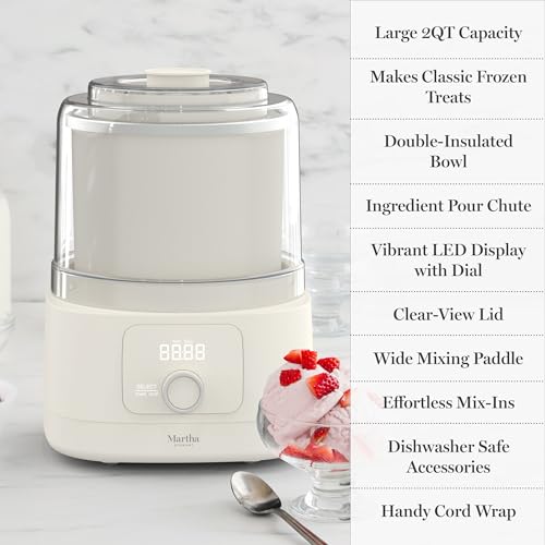 Martha Stewart Ice Cream Maker, 2 Quart Double-Insulated Freezer Bowl, Sorbet & Frozen Yogurt, Ready in 20 Minutes, Mix-Ins Chute, Easy to Clean, Linen Cream