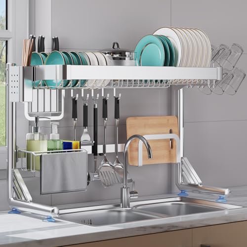Shrivee Over The Sink Dish Drainer Drying Rack, 2 Tier Adjustable Width (20.87'' to 37.6'') 304 Stainless Steel Large Over Sink Dish Drying Rack for Kitchen Counter Organizer, (Silver)