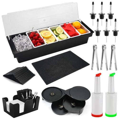 Bartending Supplies - 18" x 12" Bar Mat Garnish Tray with Lid Bar Caddy 3 Tier Bar Glass Rimmer, 2 Plastic Juice Pour Bottles 3 Mini Tongs 12 Classic Liquor Bottle Pourers 500 Cocktail Straws(Black)