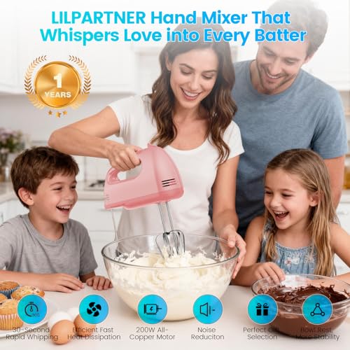 LILPARTNER Hand Mixer Electric, Small Food Mixer 7 Speeds Handheld Blender, 304 *(2* Beater, 2*Dough Hook) Kitchen Blender for Cream, Cookies, Dishwasher Safe