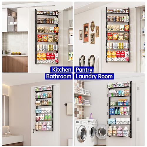 MIAOLI Over the Door Organizer, Black 6-Tier Pantry Door Organizer with Adjustable Basket, Hanging Spice Rack Cabinet Door Shelves, Laundry Room Organization and Storage