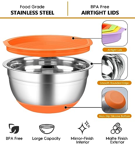 CHAREADA Mixing Bowls with Airtight Lids, 18pcs Stainless Steel Nesting Mixing Bowls Set Non-slip Silicone Bottom, Size 4.5, 3.6, 2.7, 2.1, 1.7, 1.1, 0.7 qt, Fit for Mixing & Serving(Colorful)