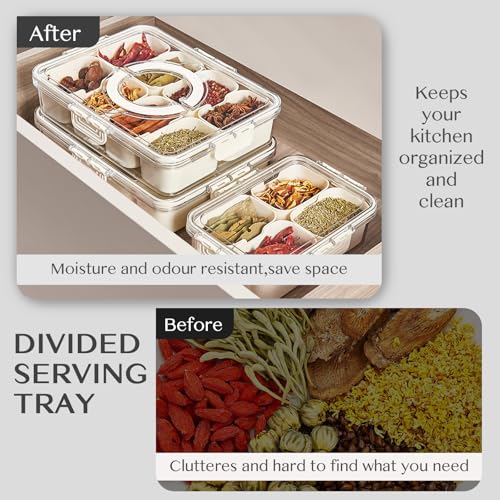 Dunruz Snackle Box Container,Portable Snack Box 8 Compartment Divided Serving Tray with Lid,Clear Storage Organizer for Fruit Candy Nuts Veggie-Perfect for Road Travel Party (1 Pack-8 Compartments)