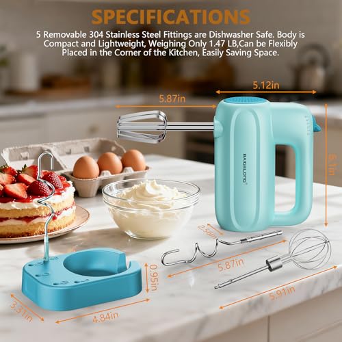 BAIGELONG Hand Electric Mixer, 5-Speed KitchenMixer with 5 * 304 Stainless Steel Attachments + Storage Base, Food Handheld Mixer for Baking, Whipping Cream, Cake Mixing, Blue