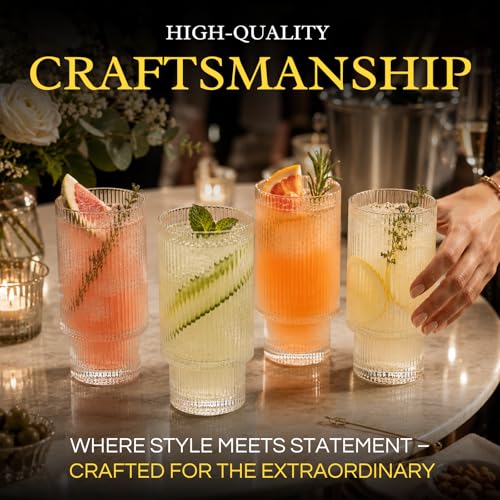 Vintage Art Deco Crystal Highball Ribbed Glass Set of 4 - Ripple, Collins Glassware 14oz Classic Crystal Cocktail Glasses Perfect for Water, Champagne, Beer, Juice, Tom Cocktails - Barware Tumblers
