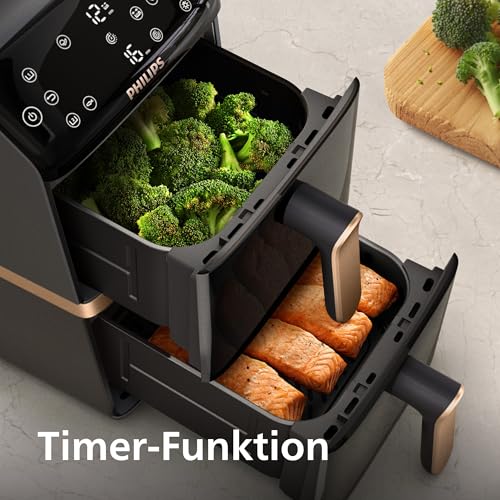 Philips Airfryer 4000 Series Stacked Dual Basket, Stacked Air Fryer with 2 Baskets, 10L, RapidAir Technology, 45% Less Space Required, PFAS Free Ceramic Coating, Viewing Window (NA462/70)