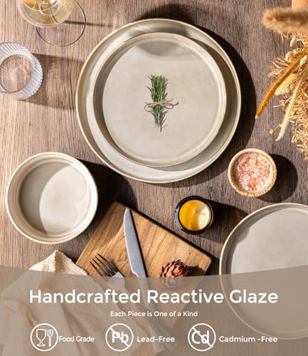 GBHOME 12-Piece Stoneware Dinnerware Set for 4 – Ribbed Ceramic Plates and Bowls, Scratch-Resistant, Microwave & Dishwasher Safe, Reactive Glaze, Cappuccino