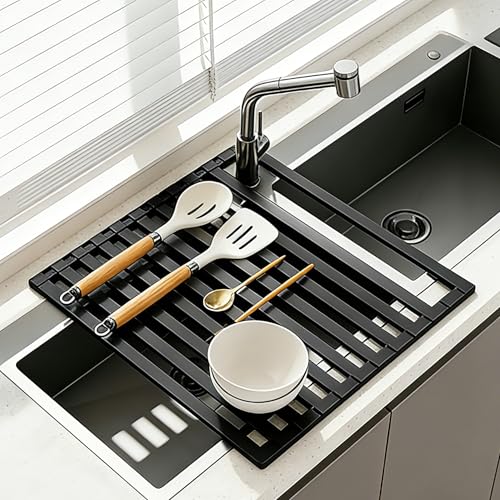 Volminex Foldable Over Sink Dish Drying Rack, Extra Wide & Thick Rust-Proof Aluminum Sink Cover for Counter Space, Collapsible Dish Drying Rack Fits Most Kitchen Sinks (Black, 17.7“x13.6)