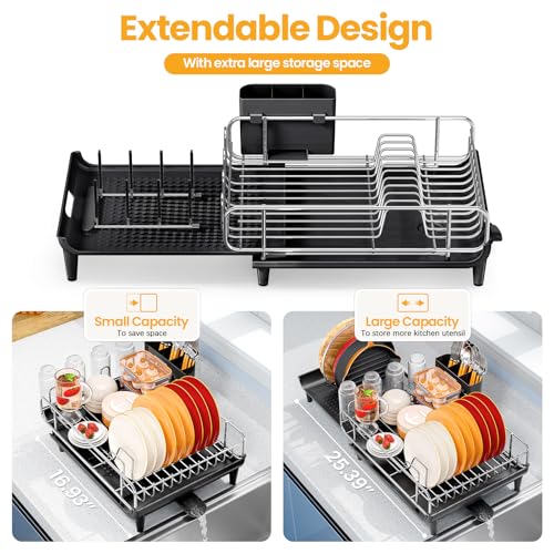 TOOLF Expandable Dish Rack, Dish Drying Rack for Kitchen Counter, Foldable Dish Dryer Rack, Stainless Steel Dish Drainer Racks with Cutlery Holder, Collapsible Dish Drying Racks Large Size,Black