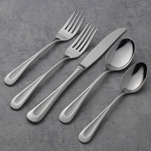 Oneida Silverware Set For 8, Satin Sand Dune 45-Piece Everyday Flatware Set with Serving Utensils, Service For 8, 18/0 Stainless Steel Silverware, Knives Spoons and Forks (Silver, 45 Piece)