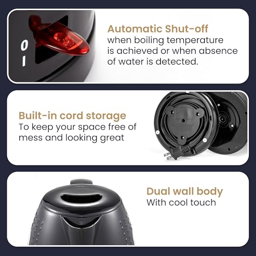 Elite Gourmet EKT5051 1.7L Electric Water Kettle, BPA-Free, Fast Boil, Auto Shut-Off, Boil-dry Protection, 360° Swivel Base with Cordless Serving, Clear-view Window with Water Level Markings, Black