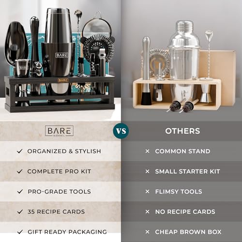 BARE BARREL® Mixology Bartender Kit Bar Set | 16-Piece Cocktail Shaker Set | Martini Barware Mixing Tools for Home Bartending | Incl. 35 Recipe Cards | Gift Set (28oz Boston Shaker, Jet Black/Black)