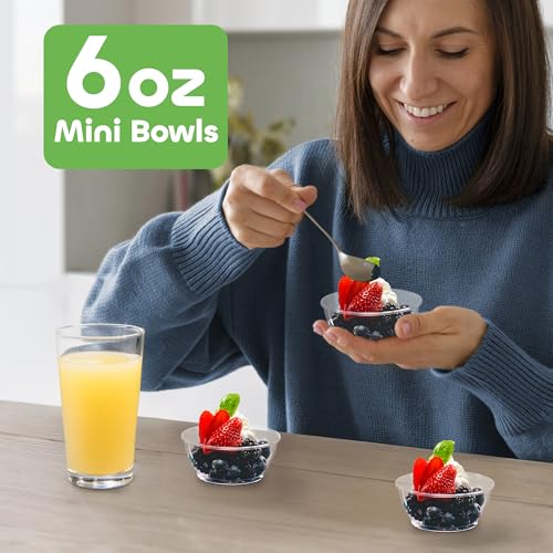 JoyServe Clear Mini Plastic Bowls - (Bulk 100 Pack) 6 Oz Disposable Premium Hard Plastic Dessert Bowls for Serving, Weddings, Catering, Parties, Salsa, Home or Event Party Supplies