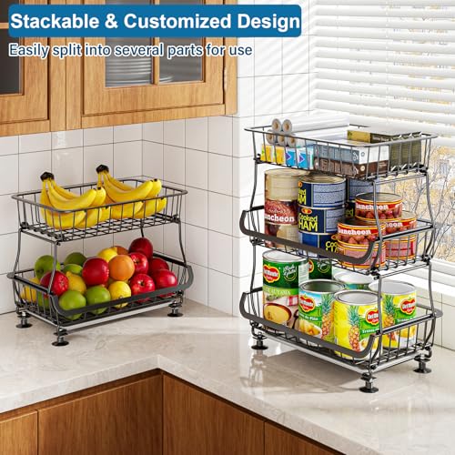 OKZEST 3-Tier Rolling Pantry Floor Organizer and Storage Cart with Wheels, Stackable Wire Pantry Baskets for Pantry Shelves, Kitchen Fruit Basket Stand and Storage Rack for Fruit Snack Onion Potato