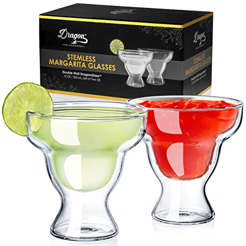 Dragon Glassware Margarita Glasses - 12 oz Clear Double Wall Stemless Margarita Glasses Set of 2 - Insulated Barware Set to Keep Beverages Hot or Cold Longer