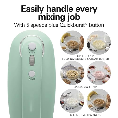 Hamilton Beach Vintage-Style 5-Speed Electric Hand Mixer, Powerful 1.3 Amp DC Motor for Effortless Mixing & Consistent Speed in Thick Ingredients, Slow Start, Beaters and Whisk, Green (62601N)