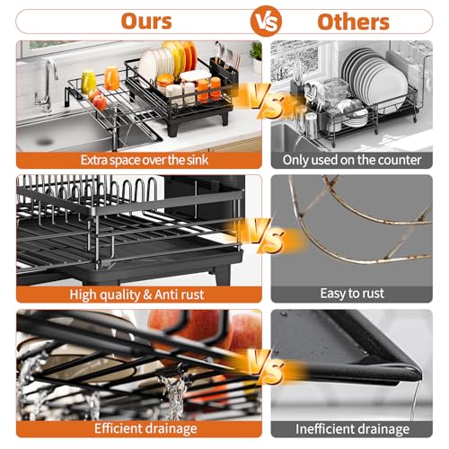 Urackify Dish Drying Rack - Large Dish Racks for Kitchen Counter, Extendable Sink Dish Drainer, Rustproof Dish Strainer with Utensil Holder, 1 Tier Black