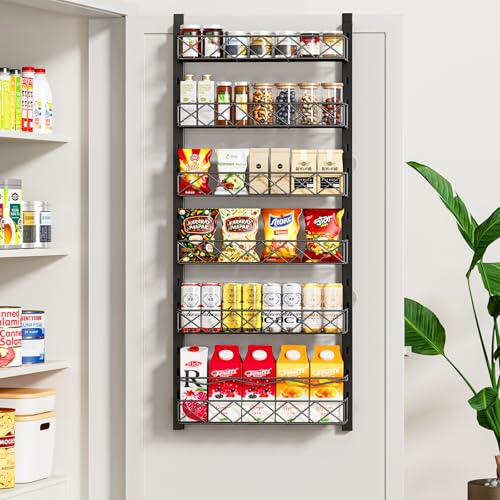MIAOLI Over the Door Organizer, Black 6-Tier Pantry Door Organizer with Adjustable Basket, Hanging Spice Rack Cabinet Door Shelves, Laundry Room Organization and Storage
