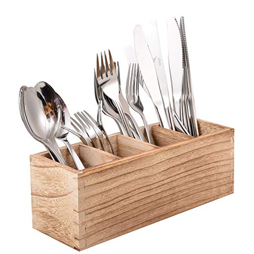 WuGeShop Wood Cutlery Caddy, Kitchen Utensil Organizer with 4 Compartments, Silverware Storage Kitchen Countertop Flatware Organizer