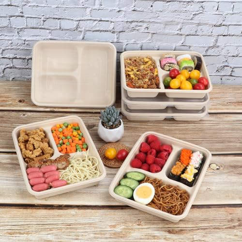 JAYEEY 23 oz 3 Compartments disposable plates with Lids Plant Fiber 50 Pack