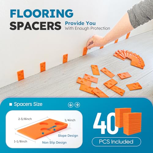 NAACOO Laminate/Vinyl Flooring Tools, Tapping Block for Vinyl Plank Flooring-Double Sided with Notches,10In Contour Gauge, Pull Bar, 40Pcs Floor Spacers,Rubber Mallet. Universal Floor Installation kit