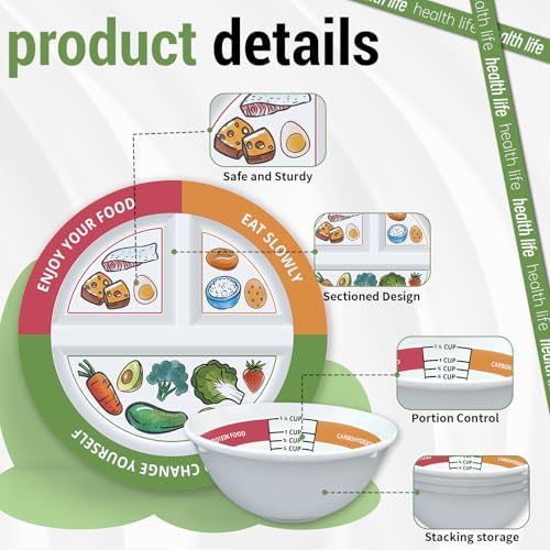 VIYNRAN 4 Pcs Portion Control Plates & Bowls Set (9 Inch), Self-Measuring for Weight Loss, Gastric Bypass, LapBand, Diabetes, & Healthy Diets, Divided Nutrition Plates for Adults & Children