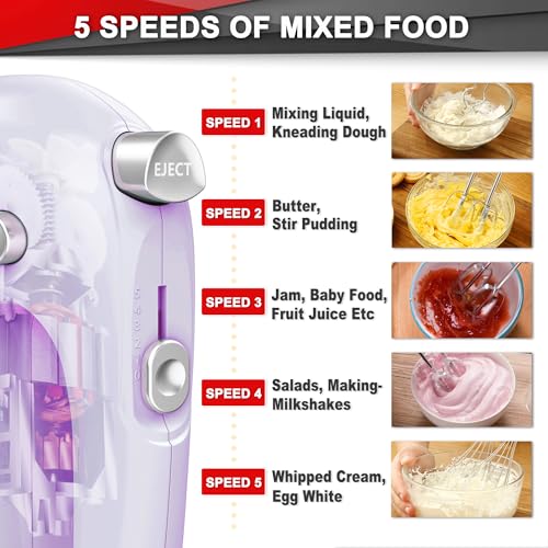 Lord Eagle Hand Mixer Electric Handheld 400W, 5-Speed Lightweight Kitchen Mixer with Storage Case, 5 Stainless Steel Attachments for Baking Cake Egg Cream Food Beater, Turbo+Eject Button, Purple