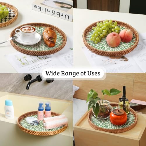 Aayoruro Round Rattan Tray with Mother of Pearl Inlay, Decorative Wicker Serving Tray with Wooden Base, Woven Basket Trays for Bread Fruits Coffee, Leaf