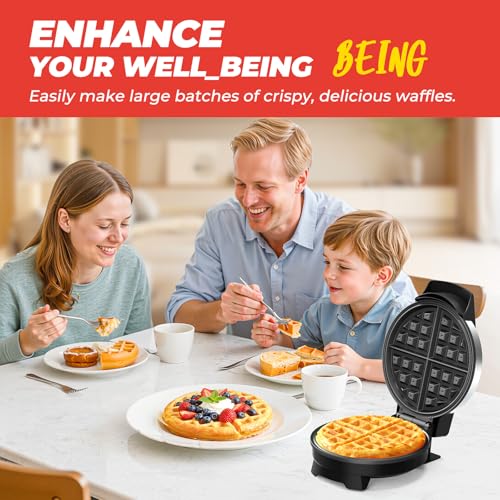 Waffle Maker, 7“ Round Classic Belgian Waffle Iron, Adjustable Browning Control, Easy-Clean Nonstick Plates & Cool Touch Handle, Space Saving Storage, Stainless Steel