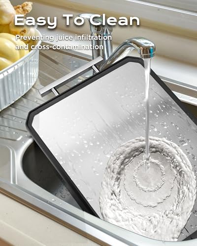 SNOWCLAD Stainless Steel Cutting Board,Double Sided Steel Bread Boards for kitchen,Stainless Steel/Wheat straw pp Large Board for meat,non toxic Chopping,Dishwasher Safe,16 * 11 Inch