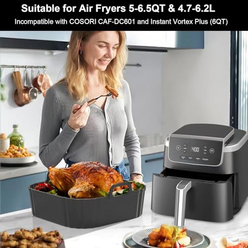 PINTAUR Square Silicone Air Fryer Liners 2 Pack, Compatible with Ninja AF141 181, 8.5 Inch Air Fryer Liners for COSORI 5-6.5 QT, Reusable Silicone Basket, Air Fryer Accessories