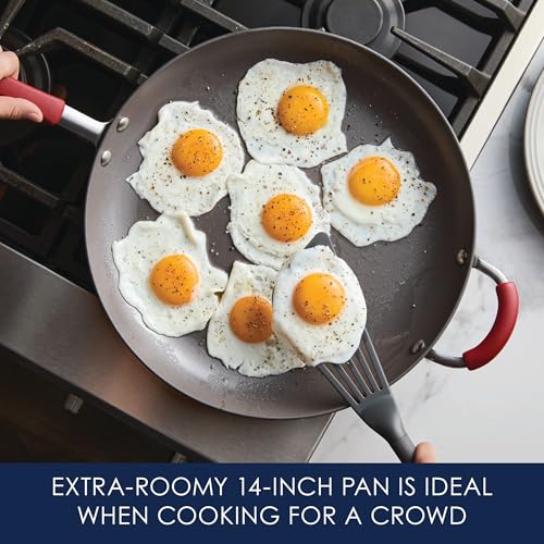 Rachael Ray Cucina Hard-Anodized Nonstick Frying Pan, Gray with Cranberry Red Handles, 14 Inch Pan