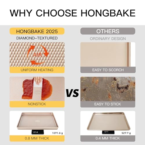 HONGBAKE Baking Sheet Pan Set of 3, Cookie Sheets for Oven, Nonstick Half/Quarter/Jelly Roll Pans with Diamond Texture Pattern, 0.8mm Thick Heavy Duty Cookie Tray, Champagne Gold