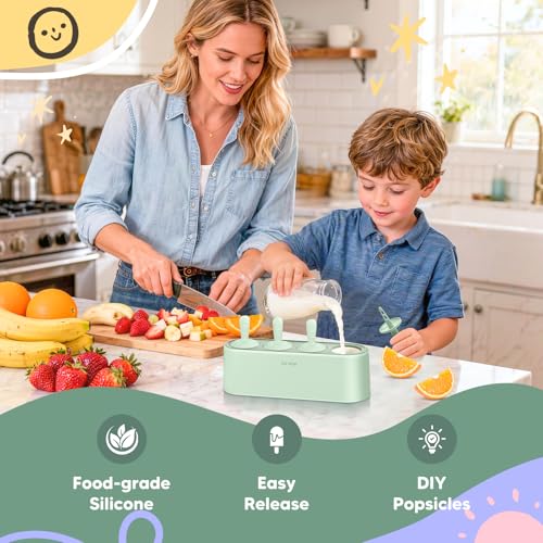 Popsicle Mold Set 4 Pieces Homemade Silicone Popsicle Maker Easy Release Ice Cream Molds Reusable DIY Pop Molds (Green, IcyClassic Pops)