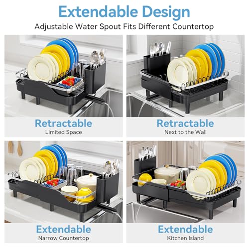 Urackify Dish Drying Rack for Kitchen Counter, Expandable Stainless Steel Dish Racks with Adjustable Water Spout, Space Saving Dish Drainer with Cutlery Holder,16.14"-23.62" L x 12.99" x 8.78",Black