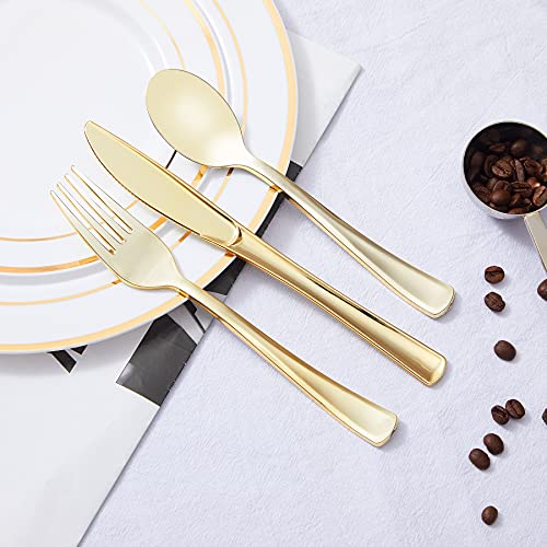 N9R 300PCS Gold Plastic Silverware, Heavy Duty Gold Plastic Cutlery Set Disposable Flatware Dinnerware, 100 Forks, 100 Spoons, 100 Knives, Perfect for Party, Wedding and Daily Use