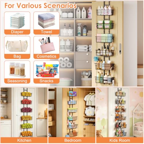 Hongtamoya Over The Door Organizer, Adjustable Hanging Door Organizer with 6 Wire Baskets 5 Hooks, Metal Behind The Door Storage for Pantry Closet Bedroom Bathroom Cabinet Kitchen Laundry Room, Black