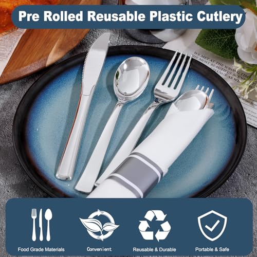 Joyido 400PCS Pre Rolled Silver Plastic Silverware Sets - Heavy Duty Silver Cutlery - Include 100 Pack Wrapped Disposable Utensils with Napkins for Parties & Dinners & Weddings