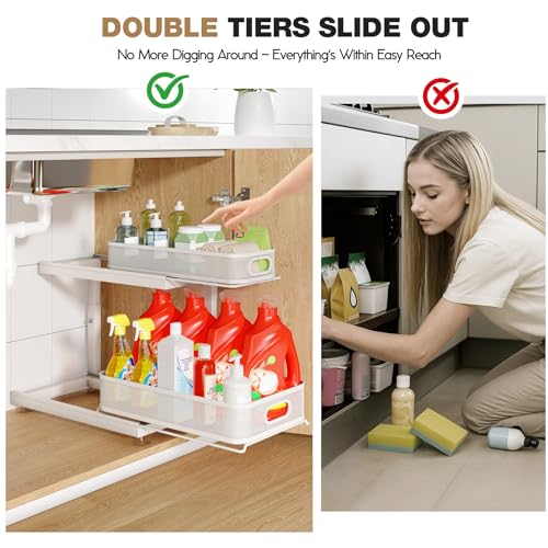 2-Pack Under Sink Storage Organizer with 2-Tier Slide Out Drawer, Sophisticated Mesh Pull Out Shelf for Kitchen & Bathroom, Fits Small Items, Upgraded Arched Track for Smooth Gliding(Patented)