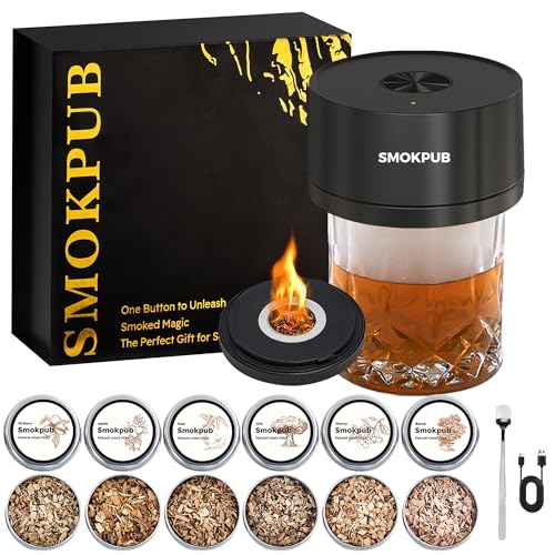 Electric Whiskey Smoker Kit, Rechargeable Cocktail Smoker with 6 Wood Chips, Flameless Heating System, Old Fashioned Drink Smoker Kit, Bourbon Whiskey Gifts for Men,Dad,Husband