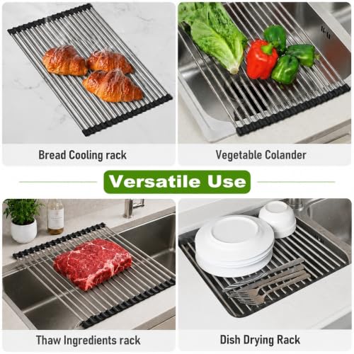 CHIRISEN Expandable Roll Up Dish Drying Rack Over the Sink Drying Rack for Kitchen Counter, Large Stainless Steel Dish Drainer Over Sink Dish Drying Rack Foldable, Collapsible, 21.14''x12'', 18Tube