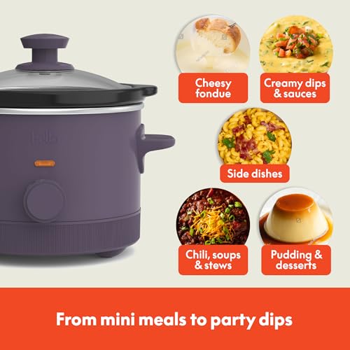 bella 1.5 Qt Slow Cooker with 3 Heat Manual Control, Ceramic Nonstick Coating, Dishwasher Safe Stoneware Pot and Tempered Glass Lid, Tangle Free Cord Wrap & Cool Touch Handles, Plum