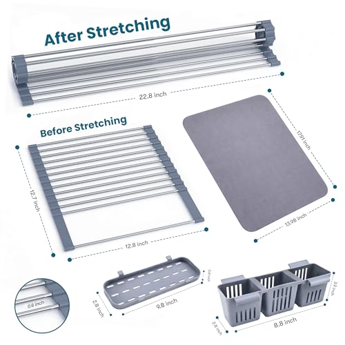 Havenity™ Expandable Roll Up Dish Drying Rack with Drying Mat - Adjustable Up to 22.75" with 2 Free Attachments & 2 Removable Baskets, 304 Stainless Steel Over The Sink Dish Drying Rack Cover Kitchen